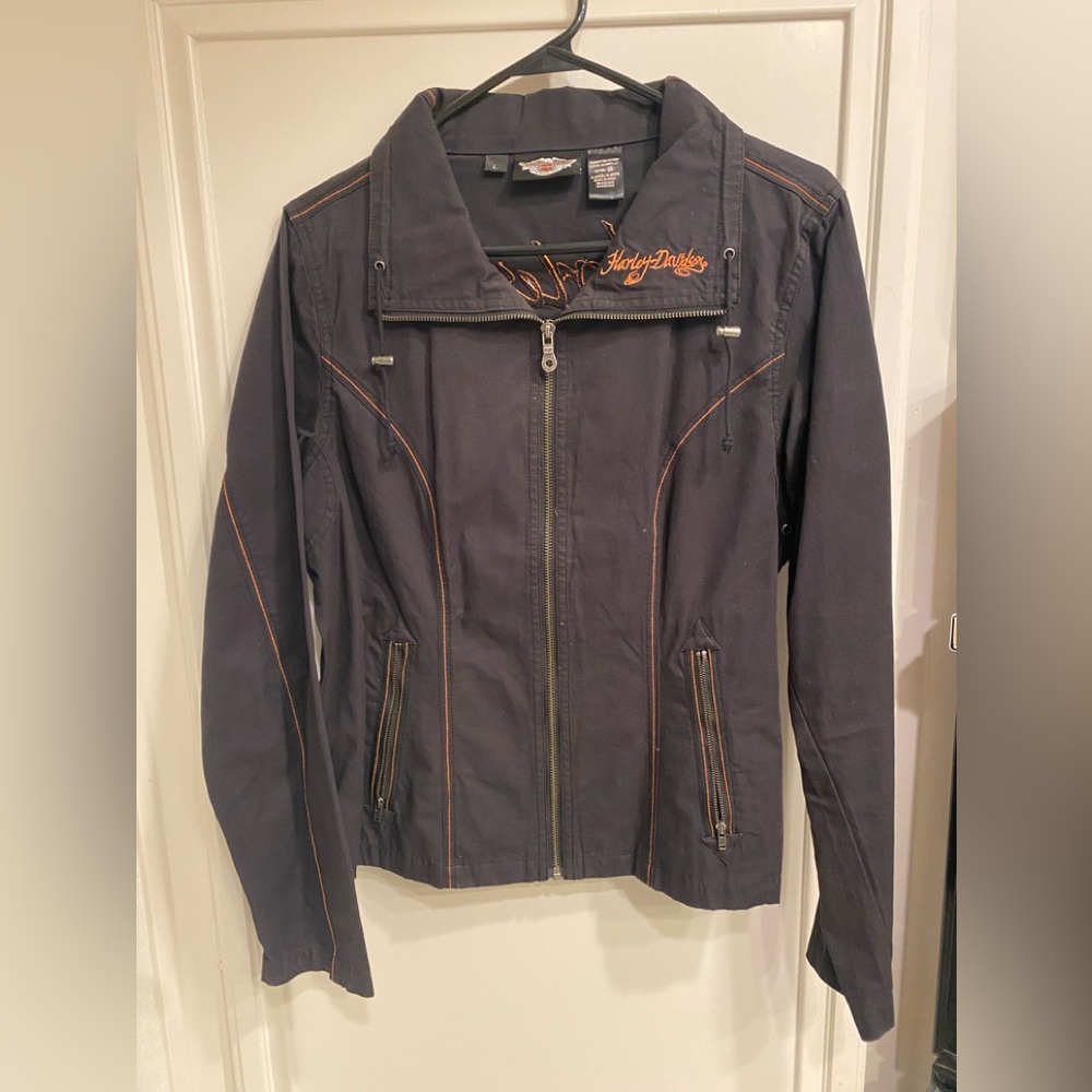 WOMENS HARLEY DAVIDSON LARGE BLACK ORANGE LIGHT WEIGHT JACKET